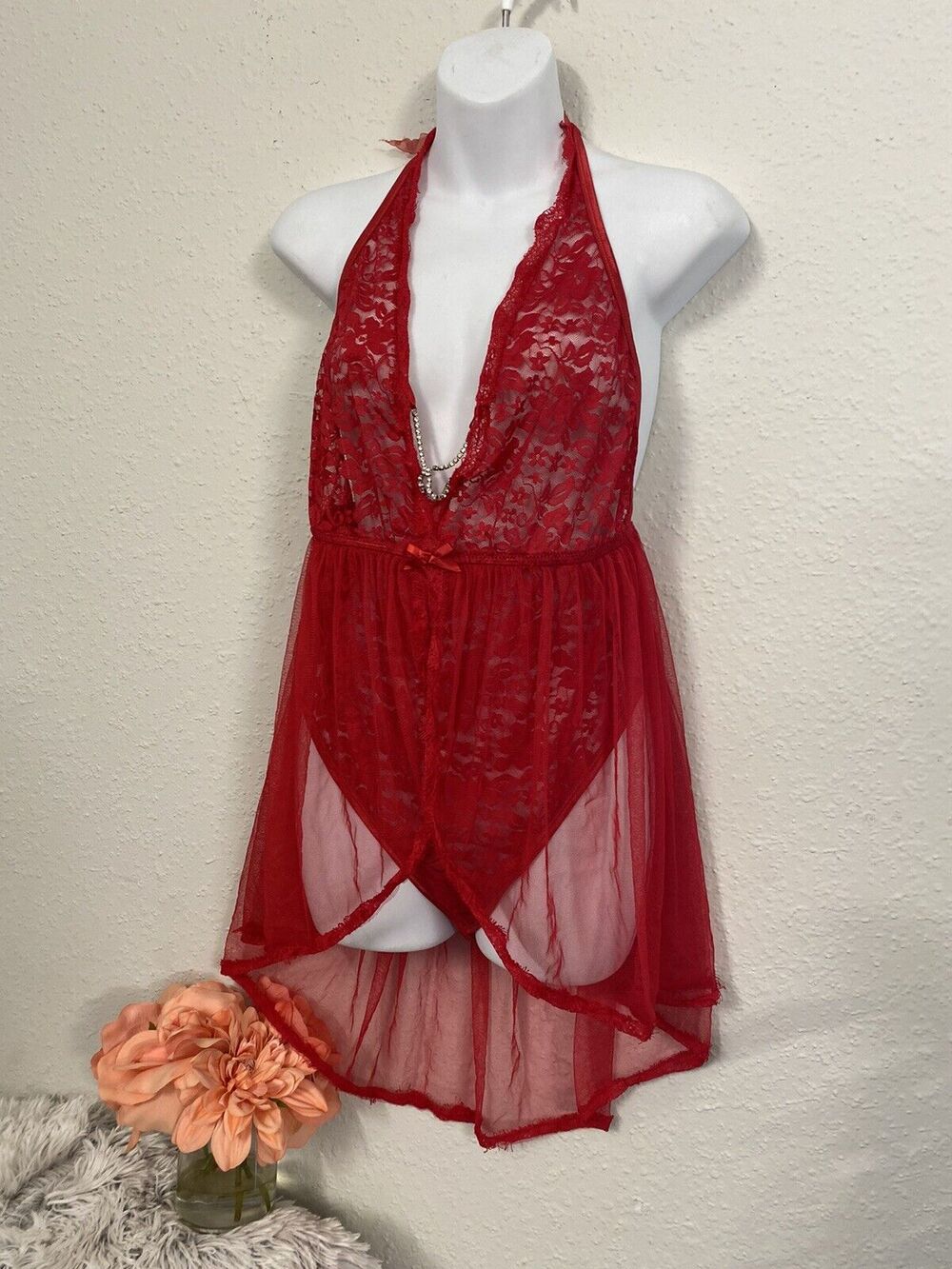 Dreamgirl Plus Sz Sheered Hot Red Trimmed Laced Meshed Garter Babydoll OS QUEEN